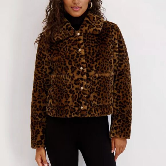 NWT $230 KENSIE Cropped Faux Fur Leopard Print Plush Patch Pocket Jacket SMALL - Picture 1 of 4